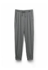 Graue Jogginghosen mit elastischem Bund, Kordelzug, Seitentaschen und elastischen Bündchen an den Knöcheln vor einem weißen Hintergrund.