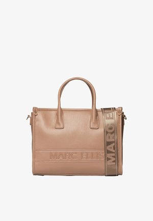 Sac à main Marc Ellis marron clair avec deux poignées et une large bandoulière affichant le nom de la marque en grandes lettres.