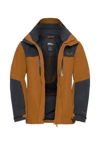 Brown and dark gray outdoor jacket with open zipper, high collar, and logo on chest, designed for weather resistance.