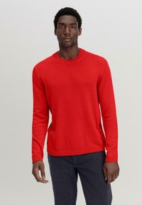 Roter Strickpullover mit langen Ärmeln, Rundhalsausschnitt und gerippten Bündchen. Glatte Textur mit dezenten Details am Halsausschnitt.