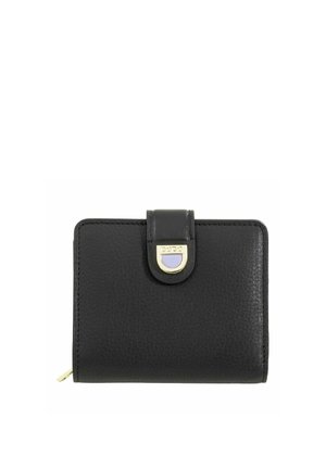 Compact black leather wallet with textured surface, gold-tone clasp featuring a purple detail, and a zippered compartment on the side.
