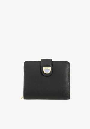 Portafoglio compatto in pelle nera con superficie texturizzata, chiusura dorata con dettaglio viola e scomparto laterale con zip.