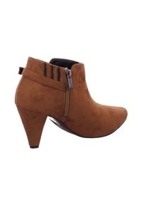 Braune Wildleder-Ankle Boots mit spitzer Zehe, mittelhohem Absatz, seitlichem Reißverschluss und elastischen Akzenten an der Oberseite.