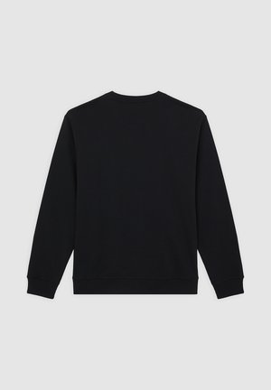 Zwarte trui van zacht stof, ronde hals, lange mouwen, geribbelde boorden en zoom. Glad oppervlak, zonder patronen of extra details.