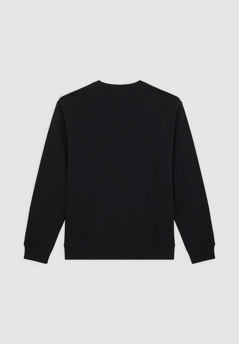 Zwarte trui van zacht stof, ronde hals, lange mouwen, geribbelde boorden en zoom. Glad oppervlak, zonder patronen of extra details.