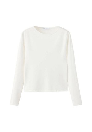 T-shirt blanc uni à manches longues avec col rond, ourlet droit et sans logos ni motifs visibles, présenté sur fond blanc.