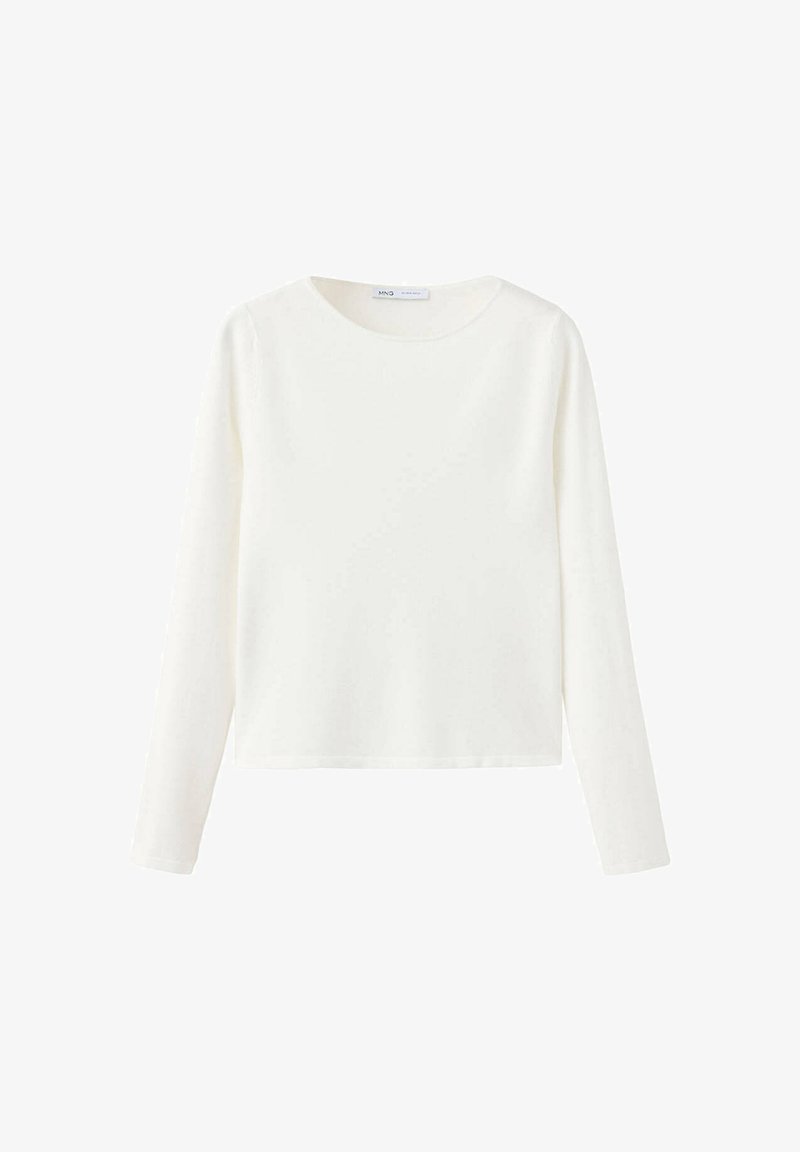 T-shirt blanc uni à manches longues avec col rond, ourlet droit et sans logos ni motifs visibles, présenté sur fond blanc.
