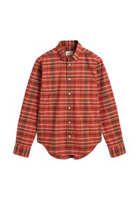 Camicia a quadri rossa con maniche lunghe, collo con bottoni, caratterizzata da strisce verdi e beige. Realizzata in cotone, ha un orlo curvo e bottoni.