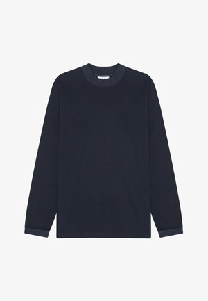 Maglietta a maniche lunghe di colore navy realizzata in cotone liscio, con scollatura a girocollo, vestibilità morbida e maniche con polsini. Nessun motivo o grafica.