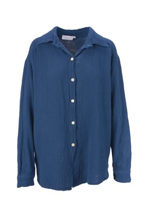 Blaues, knöpfbares Hemd aus strukturiertem Baumwollstoff mit einer zerknitterten Oberfläche. Verfügt über einen spitzen Kragen und lange Ärmel mit Knopfmanschetten.