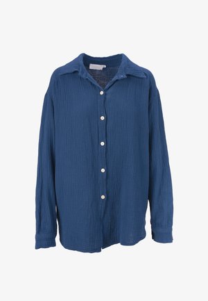 Blaues, knöpfbares Hemd aus strukturiertem Baumwollstoff mit einer zerknitterten Oberfläche. Verfügt über einen spitzen Kragen und lange Ärmel mit Knopfmanschetten.