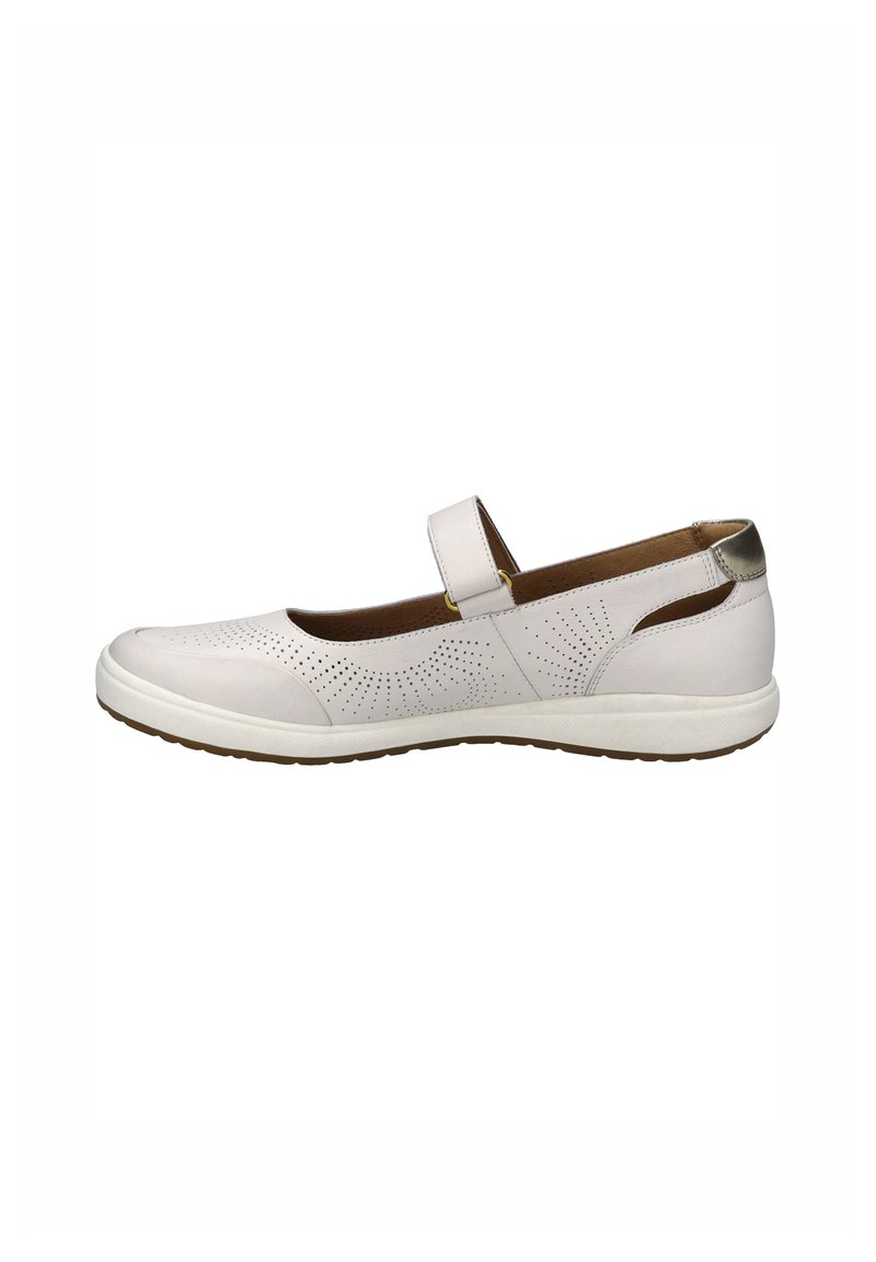 Zapato de cuero blanco con detalles perforados, un tacón bajo y una correa a lo largo del empeine. Cuenta con un interior suave y acolchado y una suela texturada.