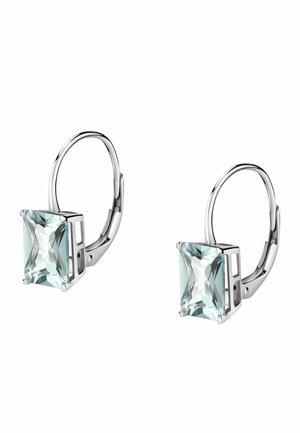Silver hoop earrings each with a rectangular clear gemstone set in four prongs and a hinged lever back clasp.