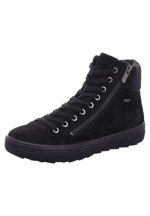 Sneakers alte in suede nere con occhielli in metallo, lacci, una cerniera laterale e un colletto grigio texturizzato. Presentano una suola spessa in gomma.