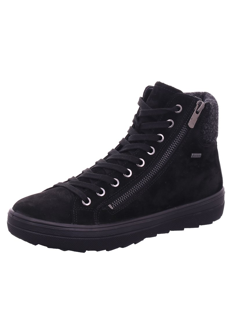 Zapatillas altas de ante negro con ojales de metal, cordones, una cremallera lateral y un cuello texturizado en gris. Cuenta con una suela de goma gruesa.