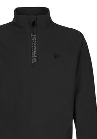 Schwarzer Fleecepullover mit Viertelreißverschluss und dem Wort "PROTEST" auf der Reißverschlusslasche sowie einem kleinen Logo auf der linken Brust.