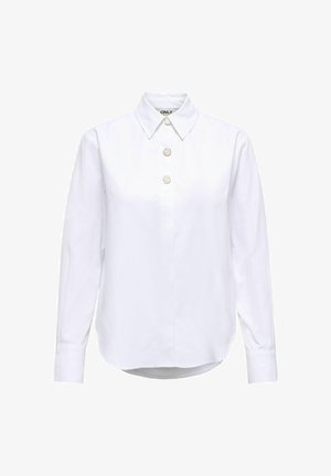 Weiße Langarmbluse mit spitzem Kragen und drei dekorativen Knöpfen entlang der vorderen Mitte.