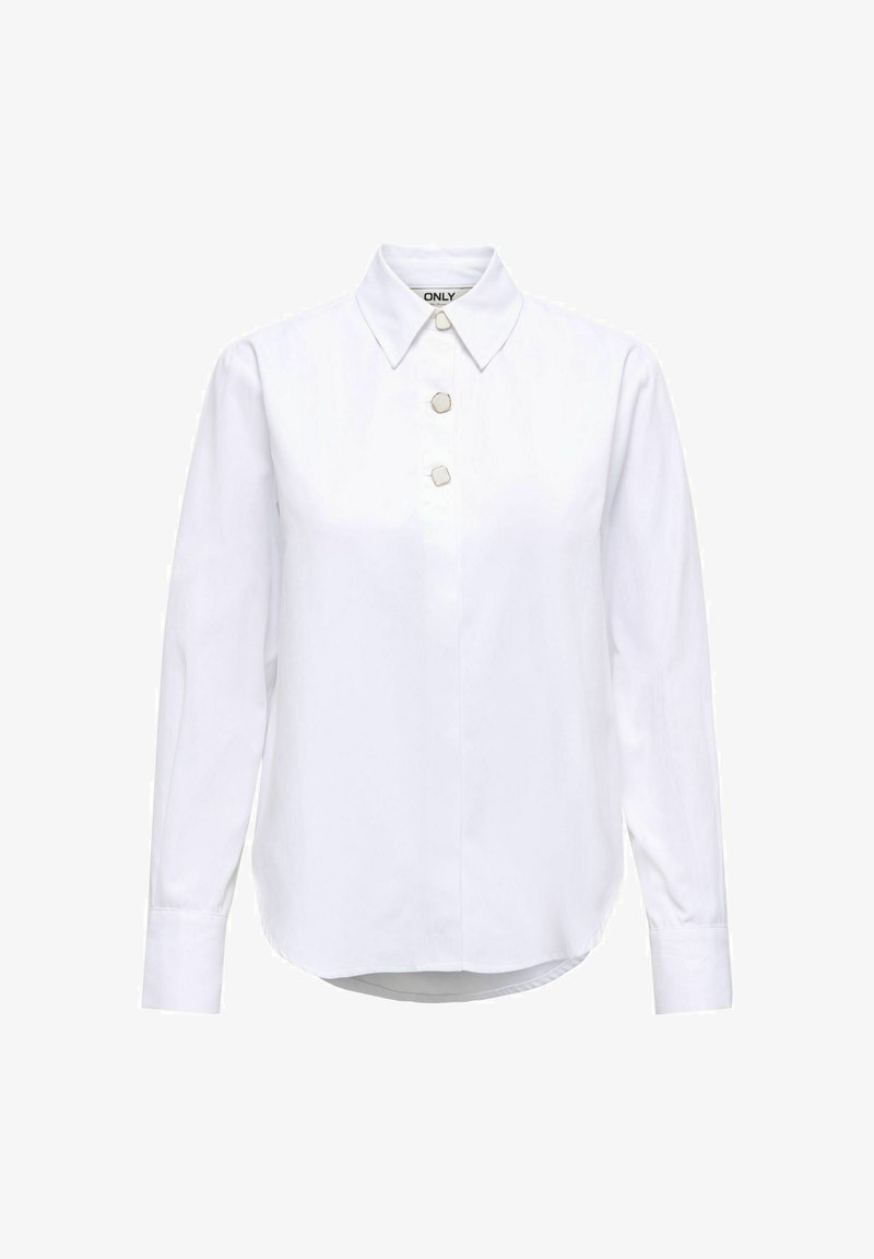 Blouse blanche à manches longues avec col pointu et trois boutons décoratifs alignés au centre devant.