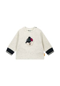 Light grey sweatshirt with speckled texture, featuring a stitched bear wearing a colorful cap. Black ribbed cuffs with white stripes.