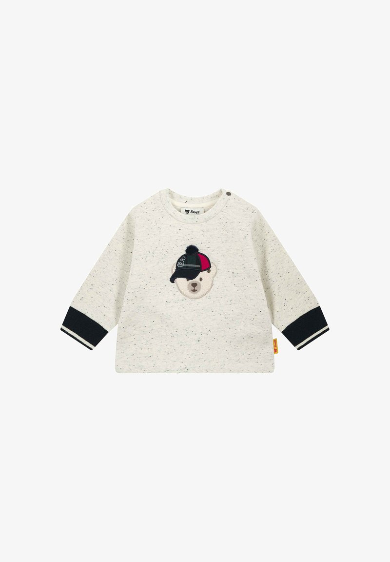 Light grey sweatshirt with speckled texture, featuring a stitched bear wearing a colorful cap. Black ribbed cuffs with white stripes.