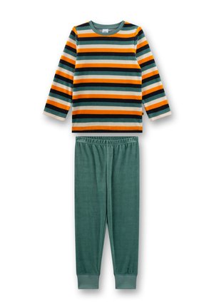 Long-sleeve shirt with orange, green, black, cream horizontal stripes paired with solid green elastic waist pants with cuffed ankles.
