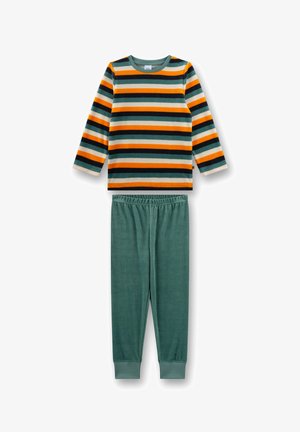 Long-sleeve shirt with orange, green, black, cream horizontal stripes paired with solid green elastic waist pants with cuffed ankles.