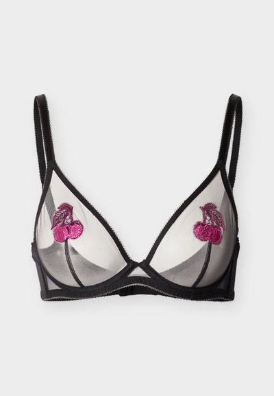 Black mesh bra with triangular cups, featuring pink embroidered cherries on each side and thin adjustable straps.