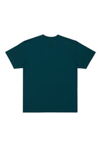 Camiseta de algodón en color azul verdoso con cuello redondo clásico, mangas cortas y una parte posterior lisa. Textura suave y ajuste estándar sin gráficos visibles.