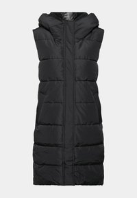 Czarna bezrękawnikowa kamizelka puchowa z kapturem, z poziomymi pikowanymi panelami, bocznymi kieszeniami na zamek i gładką tekstur�ą.