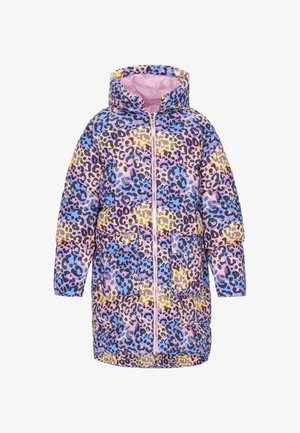 Chaqueta acolchada con un estampado de leopardo multicolor en rosa, azul, amarillo y negro. Cierre con cremallera, dos bolsillos delanteros y capucha.