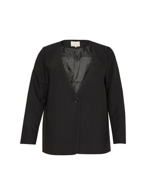Černý přizpůsobený blazer s hlubokým výstřihem do V, zapínáním na jeden knoflík a dlouhými rukávy. Podšitý kontrastní černobílou pruhovanou látkou.