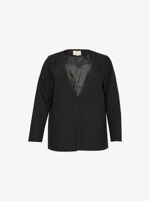 Blazer noir ajusté avec un décolleté en V profond, fermeture à un bouton et manches longues. Doublé d'un tissu rayé noir et gris contrastant.