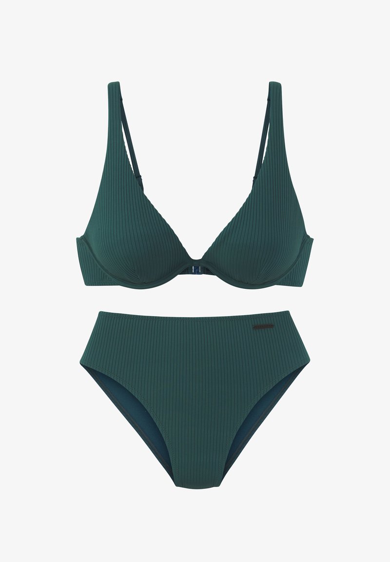 Grünes, geripptes Bikini-Set mit einem dreieckigen BH mit verstellbaren Trägern und einer passenden hochgeschnittenen Hose; glatte Textur.