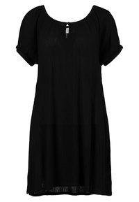 Tunique noire à coupe ample, manches courtes et encolure dégagée avec un détail en forme de goutte. Confectionnée en tissu léger froissé.