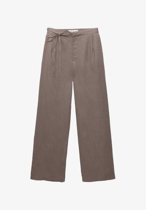 Pantaloni larghi in lino marrone con vita regolabile, dotati di due tasche laterali e una texture morbida. Design semplice e privo di ornamenti.
