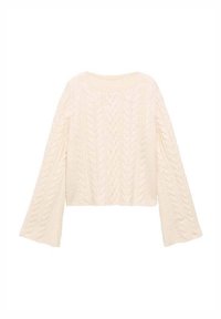Pull cropped en tricot torsadé crème avec des manches longues en forme de cloche, présentant des motifs texturés et un col rond. Matériau doux et design décontracté.