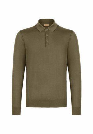 Langärmeliges olivgrünes Poloshirt mit drei Knöpfen, gerippten Bündchen und Kragen, auf weißem Hintergrund dargestellt.