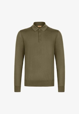 Langärmeliges olivgrünes Poloshirt mit drei Knöpfen, gerippten Bündchen und Kragen, auf weißem Hintergrund dargestellt.