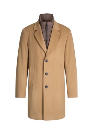 Beige Wollmischung Mantel mit einer braunen isolierten Innenschicht, angenehm geschnittenem Kragen, vier dunklen Knöpfen und seitlichen Taschen.