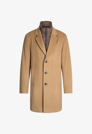 Beige Wollmischung Mantel mit einer braunen isolierten Innenschicht, angenehm geschnittenem Kragen, vier dunklen Knöpfen und seitlichen Taschen.