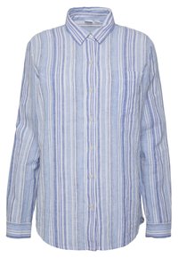 Camicia button-up a righe blu chiaro e bianche, realizzata in lino, con colletto, maniche lunghe e taschino a sinistra sul petto.