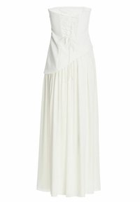 Robe blanche sans bretelles avec corsage à lacets de style corset et jupe longue, fluide et froncée.