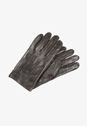 Zwarte leren handschoenen met een gladde textuur, vijfvingerontwerp en zichtbare stiksels op de rug en palm.