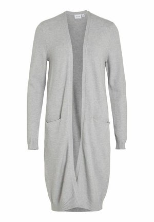 Cárdigan largo gris claro hecho de material de punto suave, con abertura frontal, dos bolsillos delanteros y puños acanalados.