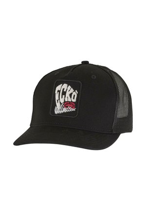 Zwarte honkbalpet met een gebogen klep, een mesh achterkant en een geborduurd "ECKO Unlimited" logo in het wit en rood op het voorpaneel.
