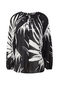 Blouse noire à manches longues avec encolure élastique et motif abstrait feuilles blanches.