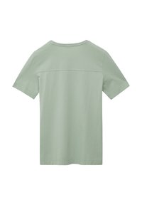 Lichtgroene t-shirt met korte mouwen, ronde halslijn, van katoen, eenvoudige stijl met een gestikte horizontale naad over de rug.