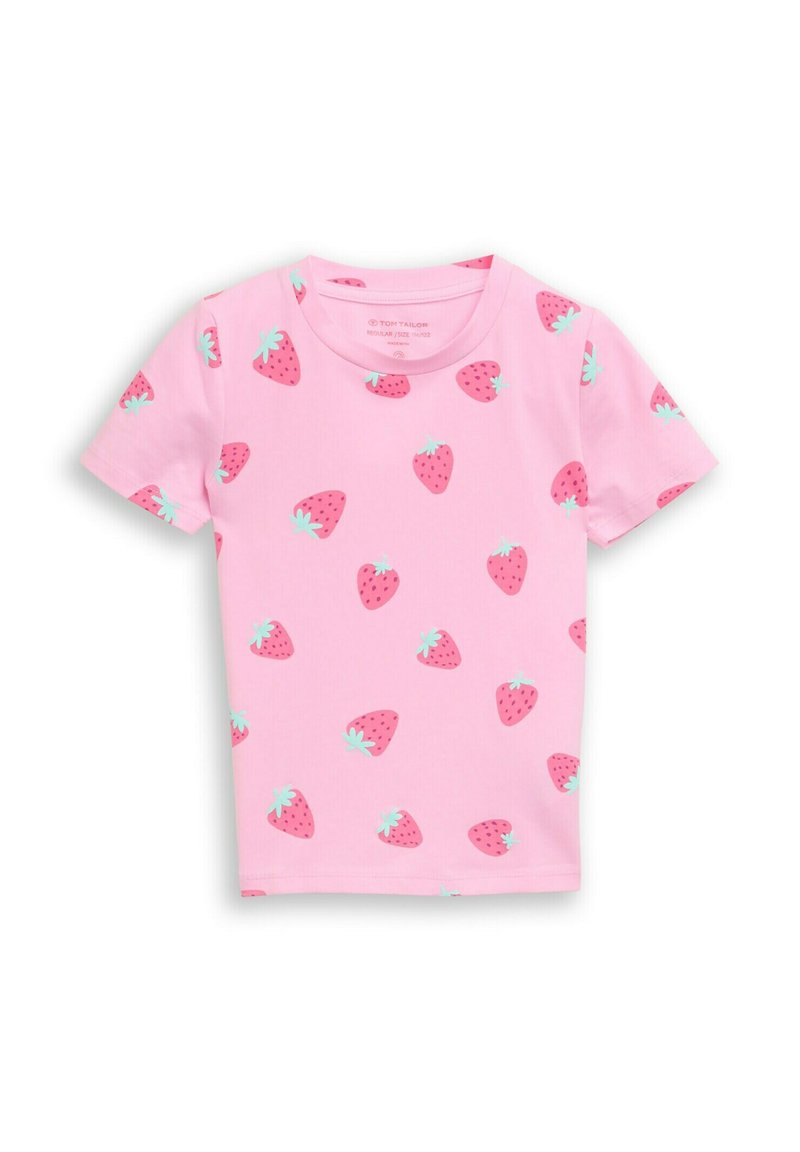 Kurzärmliges rosa T-Shirt aus Baumwolle mit einem Muster aus kleinen roten Erdbeeren mit grünen Blättern, die gleichmäßig über den Stoff verteilt sind.
