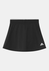 Black athletic skirt made of textured fabric, featuring a fitted waistband and a flared hemline. Includes a small white Adidas logo.