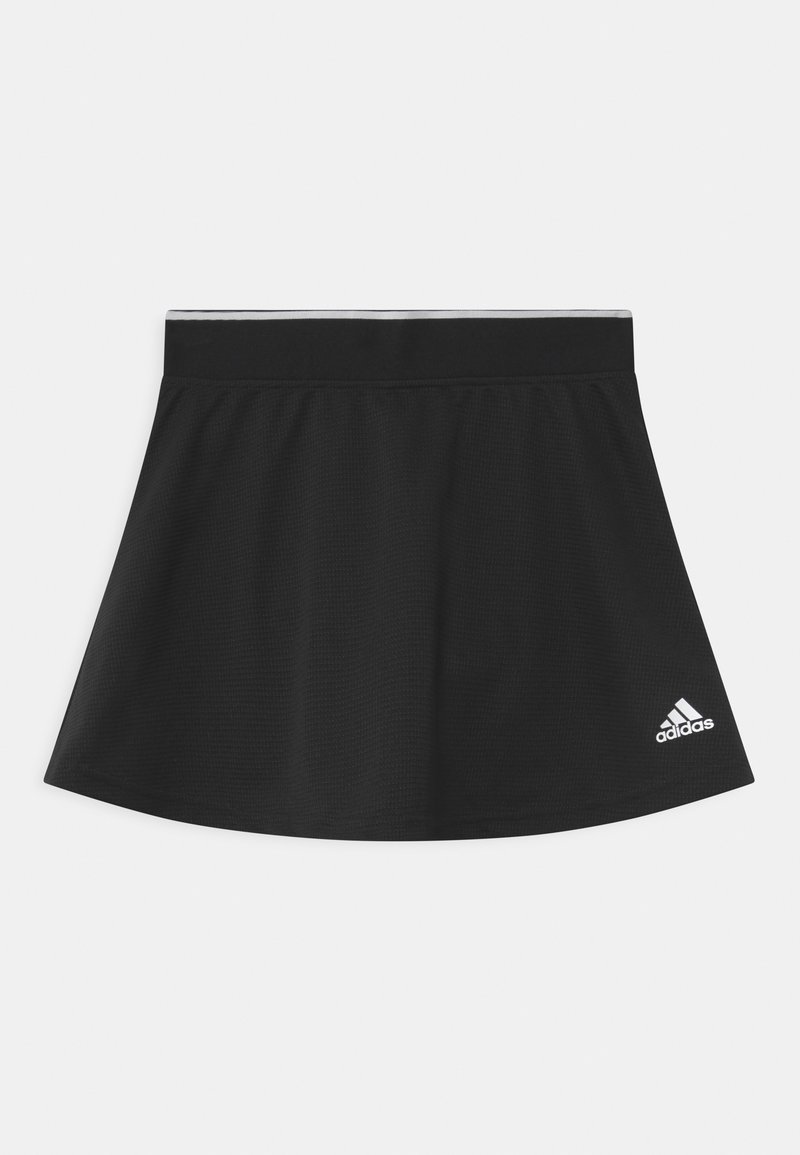 Black athletic skirt made of textured fabric, featuring a fitted waistband and a flared hemline. Includes a small white Adidas logo.